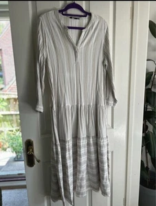 M&S Cotton Mix Dress Long White With Beige Stripe Size 16 UK - Picture 1 of 4