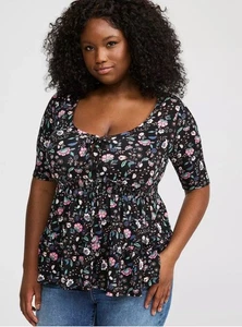 Torrid Babydoll-Top vorne zum Binden süß Jaco Blumenmuster tiefschwarz Größe 1 (14/16) neu mit Etikett - Bild 1 von 11
