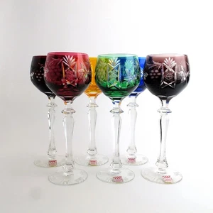 Unknown Cut Crystal 8 3/4" Set of 6 Mulitcolor Cut to Clear Wine Hocks - Picture 1 of 8
