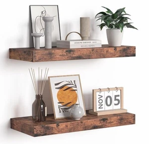 Floating Shelves 16 Inch Rustic Brown Wood Wall Mounted Shelf Set Of 2 - Picture 1 of 2