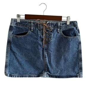 VTG 90s Y2K Low Waist Lace Up Denim Mini Skirt Womens sz 11 M/L Boho Fairy LEI - Picture 1 of 8