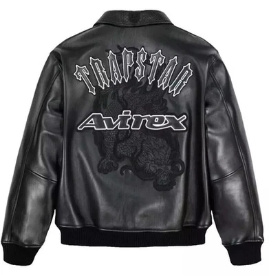 Men's Avirex X Trapstar Black American Flight Real Cowhide Leather Bomber Jacket - Image 1 of 3