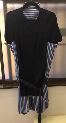 U SACAI Dress Panel Design Size M Navy & Blue Color Stripe Pattern With Belt