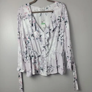 American Rag Women Junior Ruffled Neck Tie Long Sleeve Top Floral Grey Sz L, XL - Picture 1 of 13