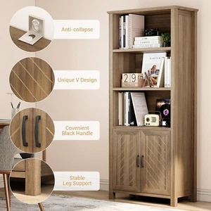 Farmhouse Bookshelf Tall Modern 5-Tiers Storage Bookcase Adjustable Shelves - Picture 1 of 9