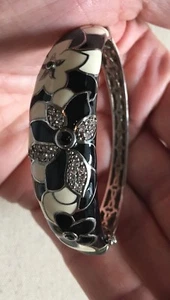 Sterling Enamel Bangle Bracelet Flowers Cream Black Crystals Hinged EMA Designer - Picture 1 of 7