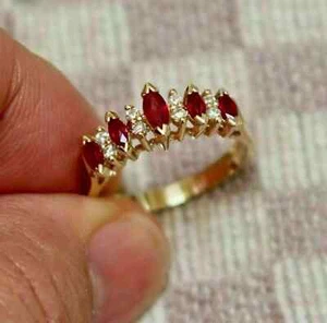 1Ct Marquise Cut Lab Created Diamond Red Ruby Wedding Ring 14k Yellow Gold Over - Picture 1 of 16