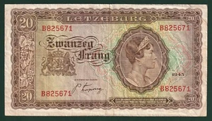 Luxembourg, Grande Duche Charlotte, 20 Francs, 1943 WWII issue, P-42, VF - Picture 1 of 2