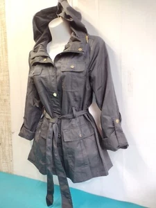 Ellen Tracy Black Belted Zip Up Raincoat Trench Coat Style Hood Size P (Small) - Picture 1 of 15