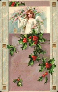 Schöne volle Länge ENGEL, BLÜTEN, STECHPALME schöne Vintage WEIHNACHTEN Postkarte - Bild 1 von 2