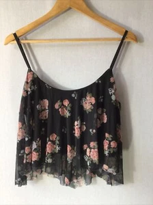 New Look Black Floral Print Mesh Over Lining Floaty Cropped Top Size 18 VGC - Picture 1 of 4