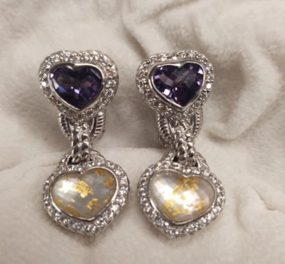 Judith Ripka Sterling Silver Amethyst Heart/Gold-Fleck Quartz/CZ  Earrings New - Image 1 of 4