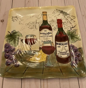 "Plato para servir charcutería botellas de vino tinto uvas pueblo cuadrado temático 11""" - Imagen 1 de 6