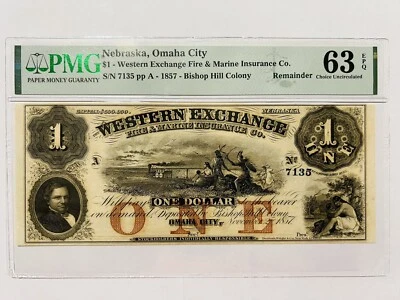 USA, PMG, Western Exchange, Nebraska Omaha City, (1857) $1, Dollar, Uncirculated - Image 1 of 2