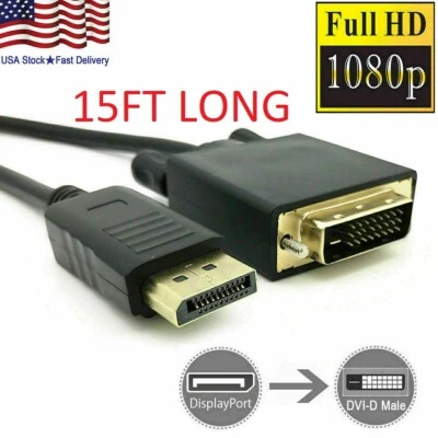 Display Port DP to DVI-D 24+1 Dual Video Cable 1080P Adapter Gold Plated PC 15FT - Image 1 of 4