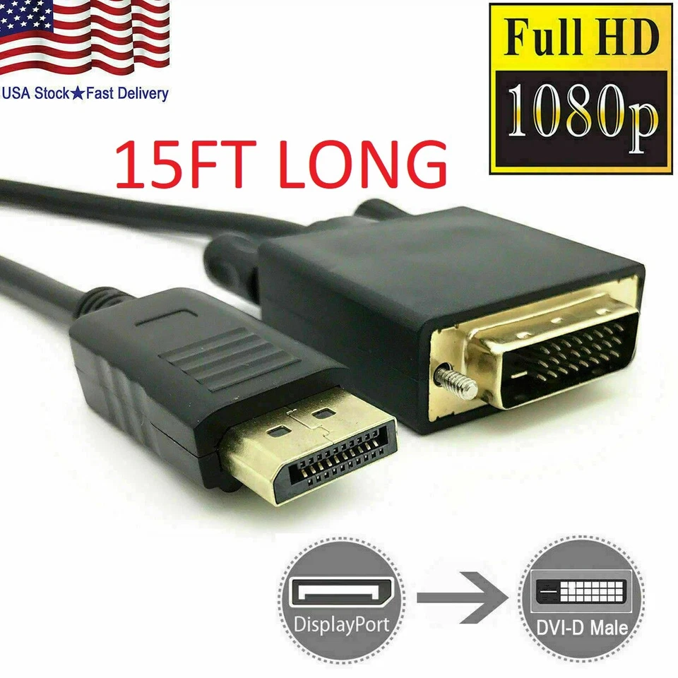 Display Port DP to DVI-D 24+1 Dual Video Cable 1080P Adapter Gold Plated PC 15FT - Image 1 of 4