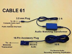 Cable 61 Motorola Maxtrac GM300 CM300 M1225 Recording Adaptor Streaming Audio