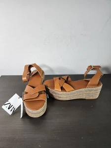ZARA Tan Leather Hessian Wedge Platform Espradilles Sandals Size 39 US 8.5 NWOB - Picture 1 of 8