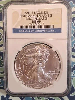 2011 S SILVER EAGLE NGC MS69 25TH ANNIVERSARY EARLY RELEASES - Image 1 of 4