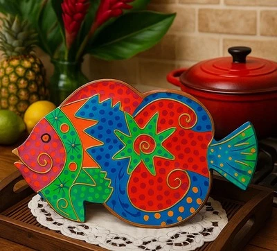 🐠 Hand-Painted / Folk Art - Wooden Fish Tray / Decorative Serving Board. Retro - Image 1 of 4