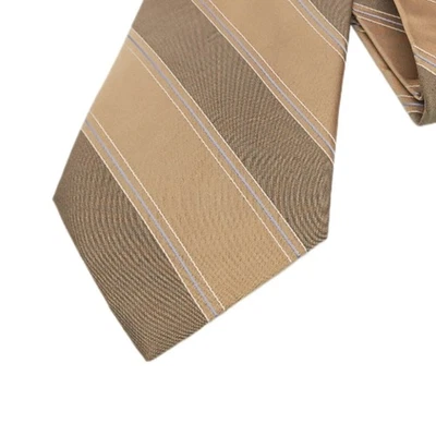 Claiborne Silk Repp Tie Men’s 59” Taupe Blue Ribbon Stripe Retro 90s Wide New - Image 1 of 3