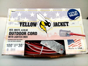 Yellow Jacket Red White Blue Cord Lighted Ends 100 Ft. 12/3 Heavy Duty USA NEW - Picture 1 of 3