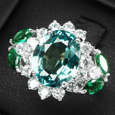 Anillos hechos a mano de plata de ley 925 de 3,50 quilates con zafiro verde azul radiante talla 6,75 Foto 1 de 4