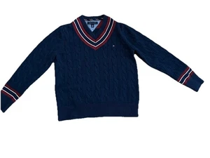 Tommy Hilfiger Varsity V Neck Tennis Sweater Cable Knit Blue Red Size S Preppy - Picture 1 of 8