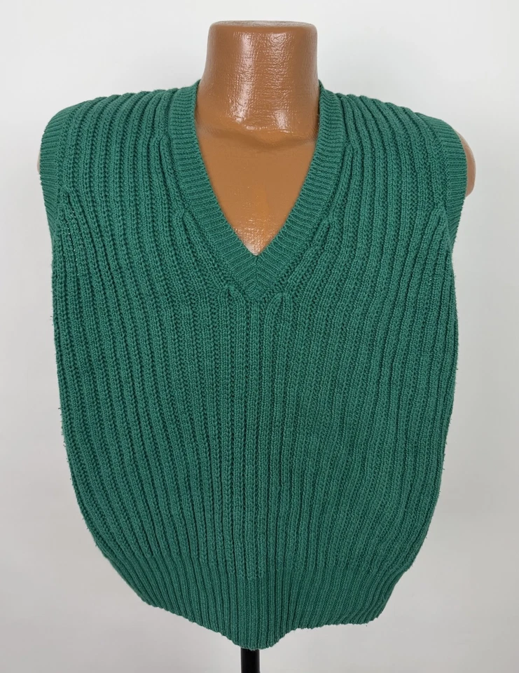 Vintage Sweater Vest Mens Medium Emerald Green Ribbed Knit V-neck 90s Grandpa - Image 1 of 4