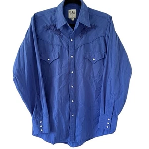 Ely Cattleman Shirt Men Medium Royal Blue Western Pearl Snap Floral Embroidered - Picture 1 of 18