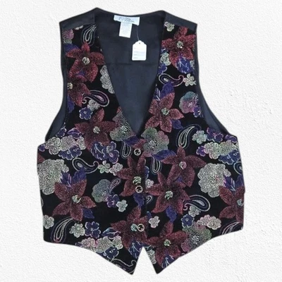 70s Vintage Black Velvet Multicolor Floral Studded USA Made Vest Size Medium - Image 1 of 4