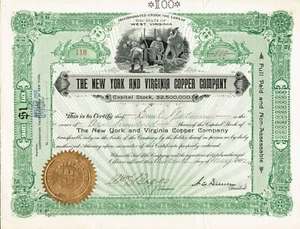USA THE NEW YORK & VIRGINIA COPPER COMPANY stock certificate/bond  - Picture 1 of 1