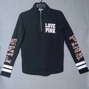 PINK VICTORIA'S SECRET Black Quarter Zip Pullover Sweatshirt Leopard Print - XS - Picture 1 of 15