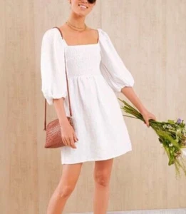 Biesen Kleid Damen XS Leinen Annie weiß Puffärmel Mini Milkmaid I - Bild 1 von 7