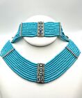 Vintage 10-Strand Turquoise Bead Necklace & Bracelet w/Rhinestones Demi Parure