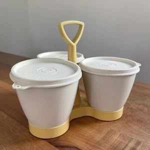 Vintage 70er Tupperware Gewürz Servier Caddy Set Deckel NEUWERTIG Retro beige gelb - Bild 1 von 5
