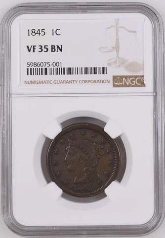 1845 NGC VF35BN Braided Hair large cent Cover