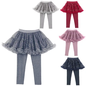 Kid Girls Footless Pants with Ruffle Tutu Mesh Skirt Glitter Princess Pantskirts - Picture 1 of 25