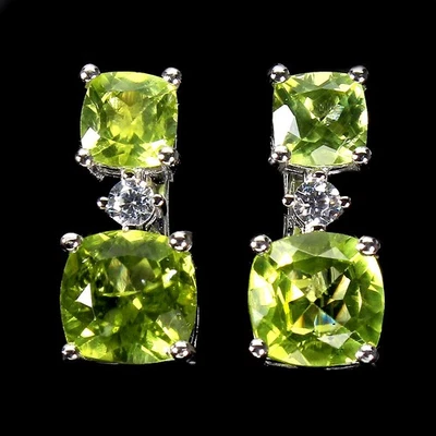925 Sterling Silver Cushion Peridot Earrings 7mm Simulated Zirconia... - Image 1 of 4