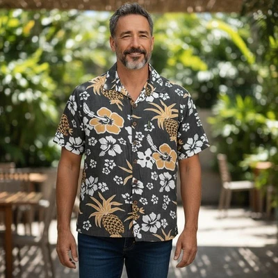 Mango Moon Hombre Camisa Hawaiana Grande Piña Hubisco Foto 1 de 4