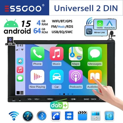 DAB+ Doppel 2DIN Autoradio Android 15 4+64G Carplay GPS Navi RDS WIFI BT MIK+Kam - Bild 1 von 4