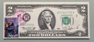 1976 Two Dollar Federal Reserve Note $2 with Stamp - First Day of Issue #96393 - Image 1 of 2
