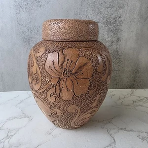 Vintage Terracotta Urn Vase Jar with Embossed Floral Carved Design & Lid - Boho - Picture 1 of 13