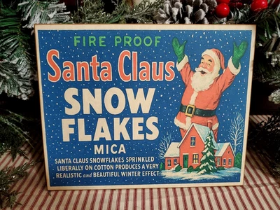 OLD PRIMITIVE RETRO VINTAGE STORE STYLE CHRISTMAS SANTA MICA SNOW FLAKES SIGN - Image 1 of 4