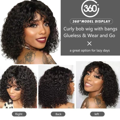 Peluca Bob Corta Rizada Cabello Humano Brasileño con Flequillo Negro Natural Hecha a Máquina Foto 1 de 4