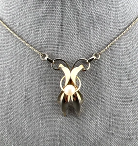 Vintage Ribbon Pearl Pendant Necklace 14k Gold Filled 14" Signed DCE Curtis - Picture 1 of 19
