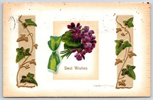1910's Best Wishes Violet Flowers And Green Leaves Greetings Posted Postcard - Picture 1 of 2