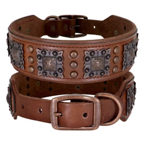 Wide Luxury Leather Studded Pet Dog Collar Heavy Duty Pitbull Rottweiler Large - Picture 1 of 14