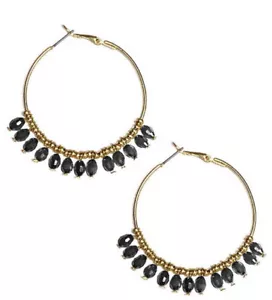 ELEGANT MULTI FACETED BLACK CRYSTAL GOLD TONE DANGLE HOOP EARRINGS - Picture 1 of 1