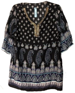 NEW Jera Boho India-Feel Beaded Tunic Top V-Neck w/Paisley Design Navy Blue L? - Picture 1 of 1
